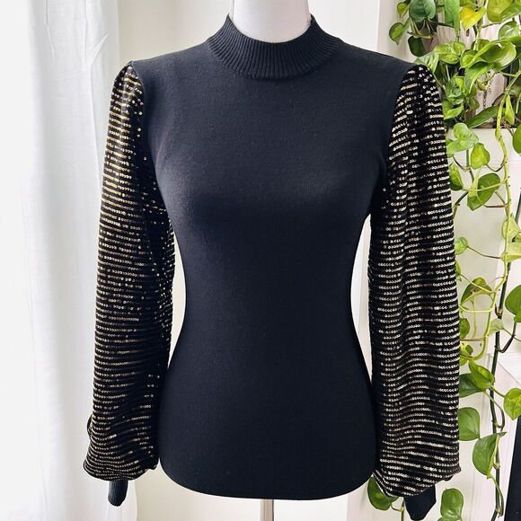 Calin by Flying Tomato Black & Gold Shimmery Party Blouse Concert Festival Small - Picture 1 of 8